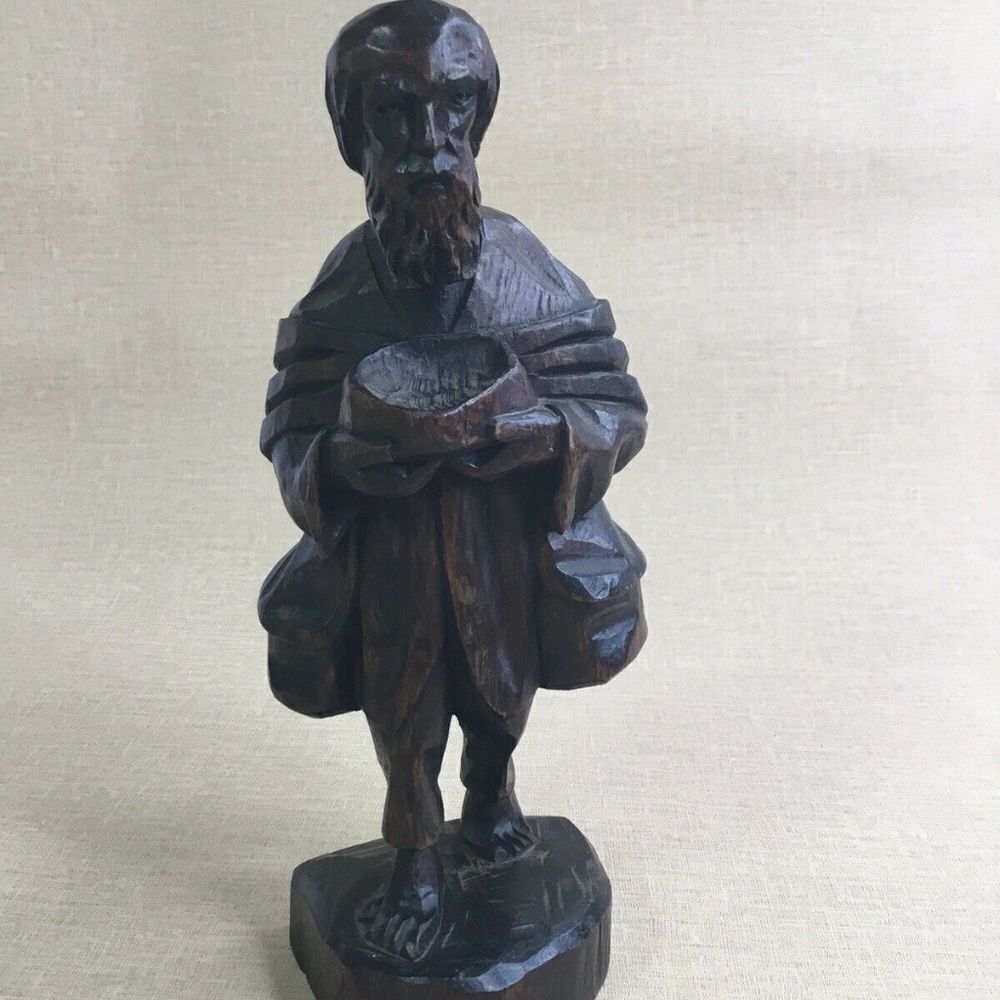 Vintage Handmade Carved Wooden Statue Hobo Man Pilgrim With Bowl
